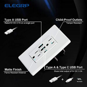 ELEGRP 30W 6.0 Amp 3-Port USB Wall Outlet, 15 Amp Receptacle with USB Type C & Type A Ports, USB Charger for iPhone/iPad/Samsung/LG/HTC/Android Devices, UL Listed, w/Wall Plate, 1 Pack, Matte White