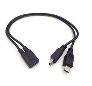 mini usb 1 to 2 y splitter cable, haokiang 1ft/30cm injection molding usb 2.0 mini 5-pin female to double 2 male converter high speed charging cable cord (mini f/2m)