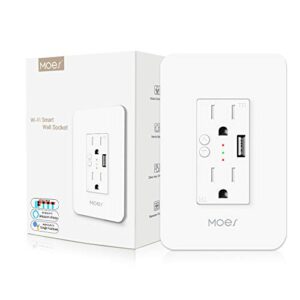 moes wifi smart wall outlet,15a divided control 2 in wall socket with usb interface,smart life/tuya app remote control compatible with alexa and google home no hub required, etl certified, 2.4g wifi
