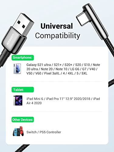 UGREEN USB C Cable Right Angle USB A to USB C Cable Braided Cord Compatible with iPad Pro, Air, Pixel, Galaxy S10 S10+ A13, Honor Note 20, LG V60/50, etc.3.3FT