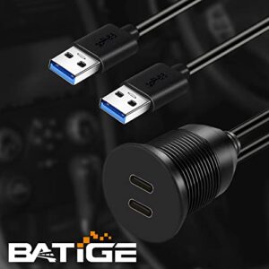 BATIGE Dual Port USB 3.0 Male to 2 Ports Type C 3.0 Female Car Flush Mount Cable USB C 3.0 Panel Mount Extension Cable for Car Truck Boat Motorcycle - 3ft