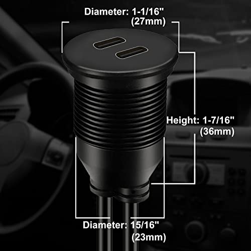 BATIGE Dual Port USB 3.0 Male to 2 Ports Type C 3.0 Female Car Flush Mount Cable USB C 3.0 Panel Mount Extension Cable for Car Truck Boat Motorcycle - 3ft