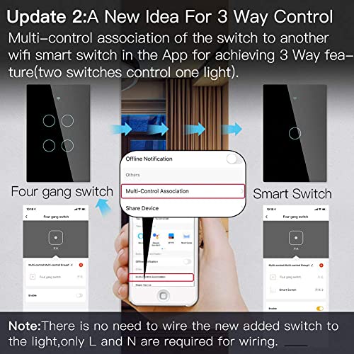 MoesGo WiFi Smart Wall Light Switch,Glass Panel, Multi-Control(3 Way), 2.4GHz Wi-Fi Touch Switches, Neutral Wire Required, Remote Control Smart Life/Tuya App, Work with Alexa, Google Home Black 4 Gang