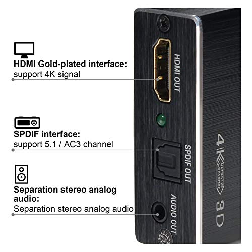 AGPTEK 4K x 2K HDMI Audio Extractor Splitter, HDMI to HDMI Audio Converter Adapter Support Ultra HD 4K Toslink Optical Audio Output and 3.5mm Audio with Optical Fiber Cable