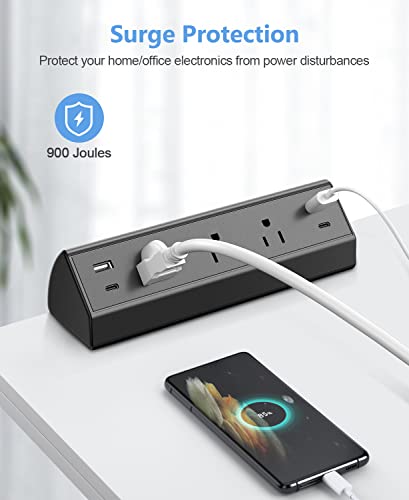 Desk Clamp Power Strip USB C,Desktop Mount Surge Protector,40W Fast Charging Station,2 PD 20W USB C Ports,3 Outlets,6FT Flat Plug,Desk Edge Power Strip for Home,Office,Fit 1.6" Tabletop Edge