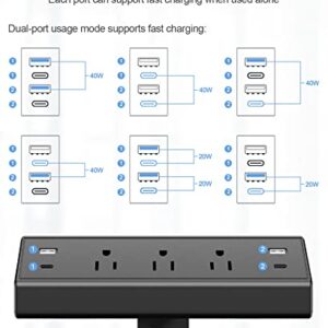 Desk Clamp Power Strip USB C,Desktop Mount Surge Protector,40W Fast Charging Station,2 PD 20W USB C Ports,3 Outlets,6FT Flat Plug,Desk Edge Power Strip for Home,Office,Fit 1.6" Tabletop Edge