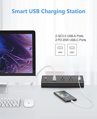 Desk Clamp Power Strip USB C,Desktop Mount Surge Protector,40W Fast Charging Station,2 PD 20W USB C Ports,3 Outlets,6FT Flat Plug,Desk Edge Power Strip for Home,Office,Fit 1.6" Tabletop Edge