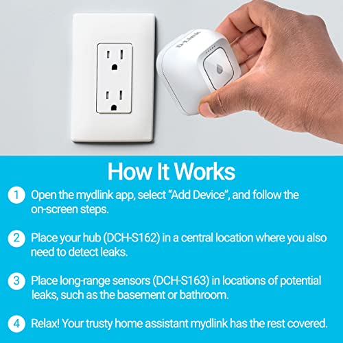 D-Link Wi-Fi Water Leak Sensor and Alarm Starter Kit, Whole Home System with App Notification, AC Powered, No Hub Required (DCH-S1621KT)