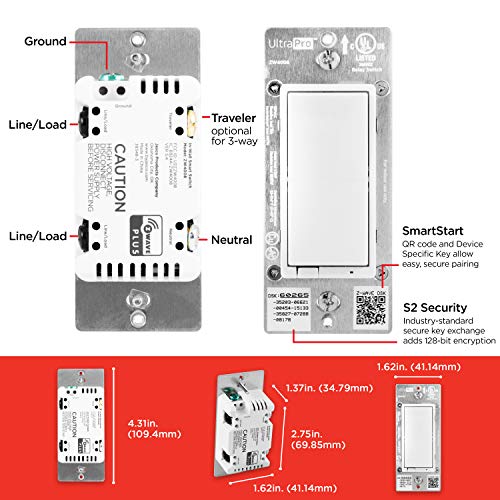 UltraPro Z-Wave Smart Rocker Light Switch with QuickFit and SimpleWire, 3-Way Ready, Compatible with Alexa, Google Assistant, ZWave Hub Required, Repeater/Range Extender, White Paddle Only, 39348