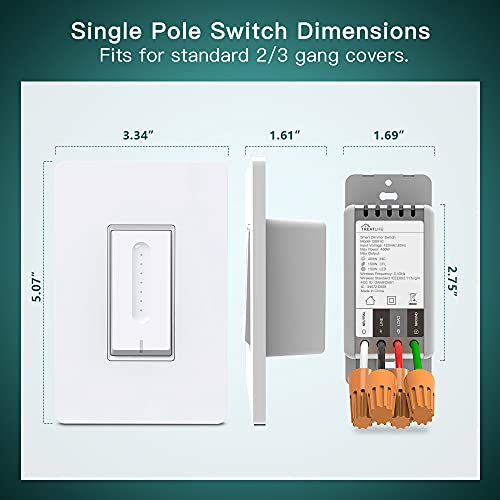 TREATLIFE Smart Dimmer Switch, Single-Pole Smart Switch for Dimmable Bulbs, 2.4GHz WiFi Smart Light Switch Works with Alexa and Google Home, Remote Control, Neutral Wire Required