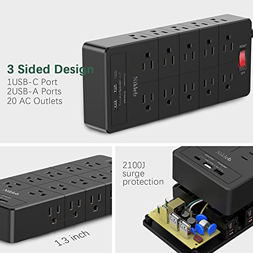 Power Strip 23 in 1, 20 Outlets Surge Protector Wall Mount with 2 USB Ports + 1 USB C Port 3.1A Total, Multi Plug Extension Cord 6ft Heavy Duty, USB Charging Station for Multiple Devices, Home, Office