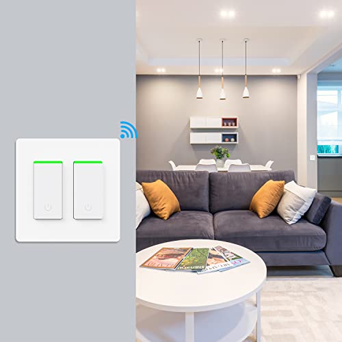 Smart Light Switch 2 Gang WiFi Smart Light Double Switch Work with Alexa, Google Assistant,Wireless Control, 2.4G WiFi Smart Light Switch, Single-Pole, Neutral Wire Required