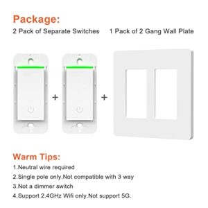 Smart Light Switch 2 Gang WiFi Smart Light Double Switch Work with Alexa, Google Assistant,Wireless Control, 2.4G WiFi Smart Light Switch, Single-Pole, Neutral Wire Required