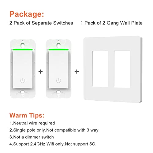 Smart Light Switch 2 Gang WiFi Smart Light Double Switch Work with Alexa, Google Assistant,Wireless Control, 2.4G WiFi Smart Light Switch, Single-Pole, Neutral Wire Required