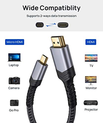 JSAUX 4K Micro HDMI to HDMI Cable 6.6 FT, Micro HDMI to Standard HDMI Cord Braided Support 4k 60Hz HDR 3D ARC 18Gbps Compatible with Sony A6000 A6300 Camera, Lenovo Yoga and More (Grey)