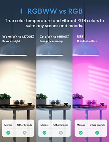 meross Smart LED Light Bulb, Smart WiFi LED Bulbs Compatible with Apple HomeKit, Siri, Alexa, Google Home & SmartThings, Dimmable E26 Multicolor 2700K-6500K RGBWW, 810 Lumens 60W Equivalent, 1 Pack