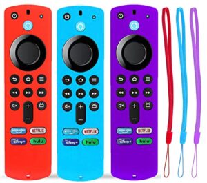 tokerse 3 pack remote cover for firestick 3rd gen 2021 / 4k max 2021 – silicone case for firesticksticktv 4k+ 2021 voice remote case cover sleeve skin with lanyard – red blue purple