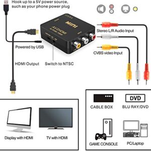 RCA to HDMI, GANA 1080P Mini RCA Composite CVBS AV to HDMI Video Audio Converter Adapter Supporting PAL/NTSC with USB Charge Cable for PC Laptop Xbox PS4 PS3 TV STB VHS VCR Camera DVD (Black Gold)
