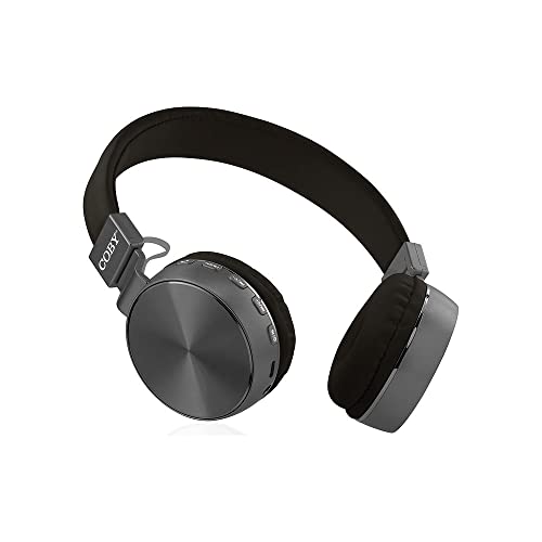 Coby Metallic Bluetooth Wireless On-Ear Headphones with Microphone, Music and Call Controls, FM Radio, 10 Hour Battery Life, 33 Feet / 10 Meter Range, 3.5mm AUX Cable Included (Black)