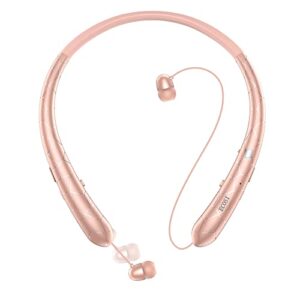 bluetooth headphones, wireless neckband headset with retractable earbuds, stereo earphones w/noise canceling mic for conferences, work out, travel, compatible with android iphone (rose gold)