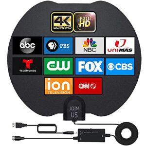 tv antenna, amplified hd digital indoor hdtv antenna long 380+ miles range 360° reception antenna amplifier signal booster support 4k 1080p fire tv stick and all old tvs-18ft coax cable – black