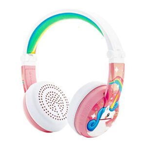 onanoff buddyphones wave, waterproof wireless bluetooth volume-limiting kids headphones, 18-hour battery life, 4 volume settings, built-in microphone, includes backup cable for sharing, unicorn pink