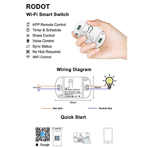 RODOT 10A KR2201WB Wi-Fi Wireless Smart Basic Switch for Smart Home Smart Life APP Compatible with Alexa & Google Home Assistant No Hub Required Support DIY Module (5-Pack)