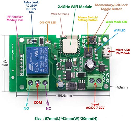 Newgoal wireless jog relay momentary/self-locking switch module DIY smart home remote control wifi relay switch Ewelink App compatible with Alexa Echo Google Home IFTTT (DC1)