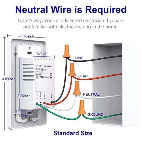 CRESTIN Smart Switch, 2.4GHz WiFi & Bluetooth Smart Light Switch Works with Alexa & Google Assistant, Neutral Wire Needed, Remote Control & Timer, Single Pole, FCC Certified, No Hub Required (1 Pack)