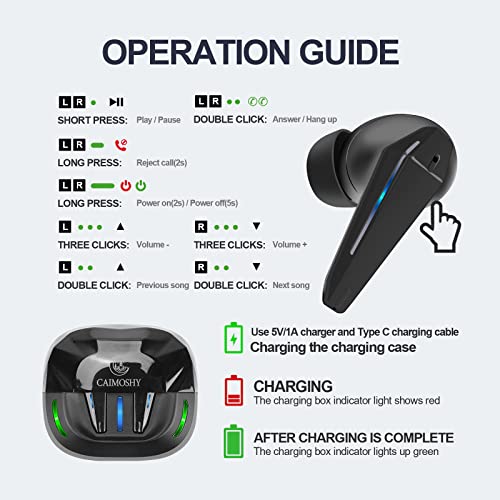 CAIMOSHY Wireless Bluetooth Earbuds 50Hrs Playtime with Clear Call Low Latency Sweatproof Waterproof Earbuds for Gaming and Sports (Black)