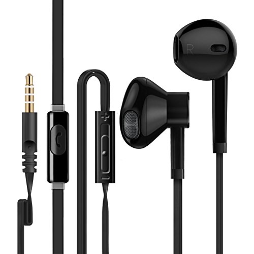 Headphones with Microphone, Boost+ Balanced Bass Driven Earbuds, Microphone Volume Slide Control, Lightweight Earphones with 3.5mm Connector Jack for Laptop/Smartphone/PC, Black