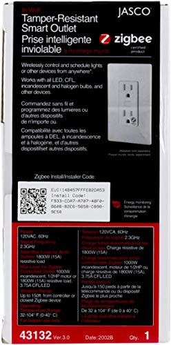 Jasco Zigbee Outlet Receptacle with Energy Monitoring, Tamper-Resistant, Pairs Directly with Echo 4th Gen/Echo Show 10/Echo Studio/Echo Plus/Eero Pro 6, 1 Controlled + 1 Always On, White, 43132