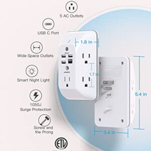 Outlet Extender with Night Light, Multi Plug Outlet, USB Wall Charger Surge Protector 4 USB Charging Port(1USB C), Power Strip Electrical Outlet Splitter Expander for Home Office Dorm Room ETL Listed