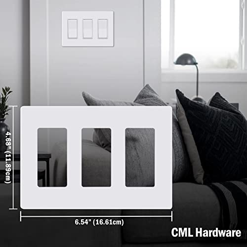 CML 3-Gang Screwless Decorator Wall Plate, 2 Pack Light Switch Covers, Outlet Receptacle Cover, Hidden Screw Smooth Face, Impact Resistant, Standard Size 4.68”X 6.54”, Glossy White