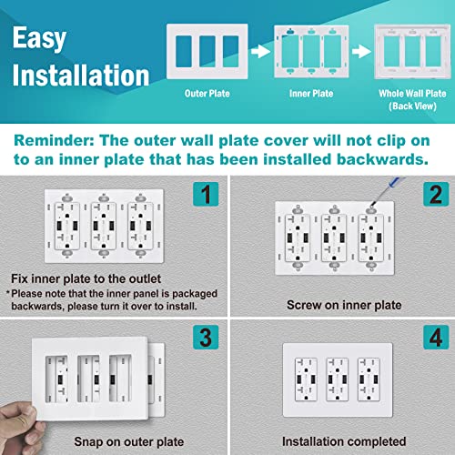 CML 3-Gang Screwless Decorator Wall Plate, 2 Pack Light Switch Covers, Outlet Receptacle Cover, Hidden Screw Smooth Face, Impact Resistant, Standard Size 4.68”X 6.54”, Glossy White