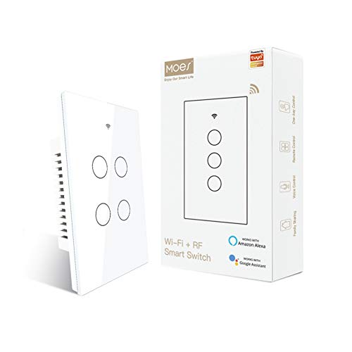 MOES 2.4GHz WiFi Wall Touch Smart Switch Neutral Wire Required, 3 Way Multi-Control, Glass Panel Light Switch Work with Smart Life/Tuya App, RF433 Remote Control, Alexa and Google Home White 4 Gang