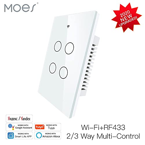 MOES 2.4GHz WiFi Wall Touch Smart Switch Neutral Wire Required, 3 Way Multi-Control, Glass Panel Light Switch Work with Smart Life/Tuya App, RF433 Remote Control, Alexa and Google Home White 4 Gang