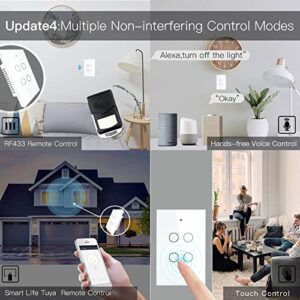 MOES 2.4GHz WiFi Wall Touch Smart Switch Neutral Wire Required, 3 Way Multi-Control, Glass Panel Light Switch Work with Smart Life/Tuya App, RF433 Remote Control, Alexa and Google Home White 4 Gang