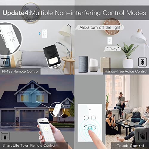 MOES 2.4GHz WiFi Wall Touch Smart Switch Neutral Wire Required, 3 Way Multi-Control, Glass Panel Light Switch Work with Smart Life/Tuya App, RF433 Remote Control, Alexa and Google Home White 4 Gang