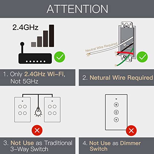 MOES 2.4GHz WiFi Wall Touch Smart Switch Neutral Wire Required, 3 Way Multi-Control, Glass Panel Light Switch Work with Smart Life/Tuya App, RF433 Remote Control, Alexa and Google Home White 4 Gang