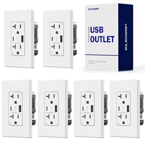 elegrp usb charger wall outlet, usb receptacle with type a & type c usb ports, 20 amp duplex tamper resistant receptacle plug, wall plate included, ul listed (6 pack, matte white)