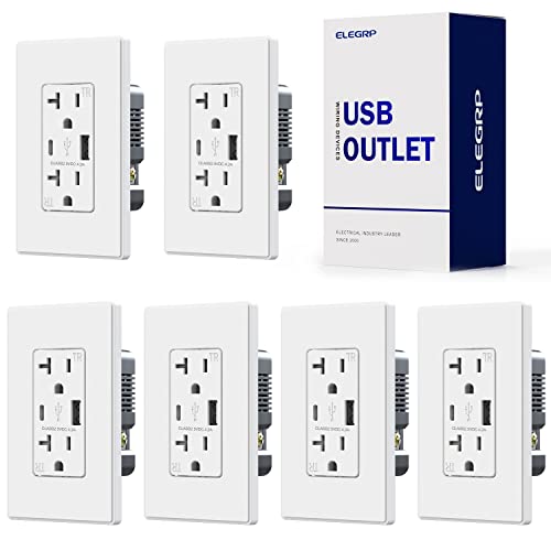 ELEGRP USB Charger Wall Outlet, USB Receptacle with Type A & Type C USB Ports, 20 Amp Duplex Tamper Resistant Receptacle Plug, Wall Plate Included, UL Listed (6 Pack, Matte White)