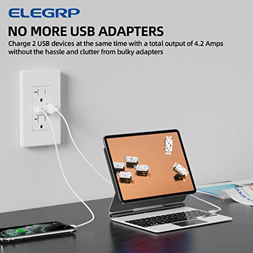 ELEGRP USB Charger Wall Outlet, USB Receptacle with Type A & Type C USB Ports, 20 Amp Duplex Tamper Resistant Receptacle Plug, Wall Plate Included, UL Listed (6 Pack, Matte White)