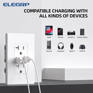 ELEGRP USB Charger Wall Outlet, USB Receptacle with Type A & Type C USB Ports, 20 Amp Duplex Tamper Resistant Receptacle Plug, Wall Plate Included, UL Listed (6 Pack, Matte White)