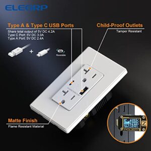 ELEGRP USB Charger Wall Outlet, USB Receptacle with Type A & Type C USB Ports, 20 Amp Duplex Tamper Resistant Receptacle Plug, Wall Plate Included, UL Listed (6 Pack, Matte White)