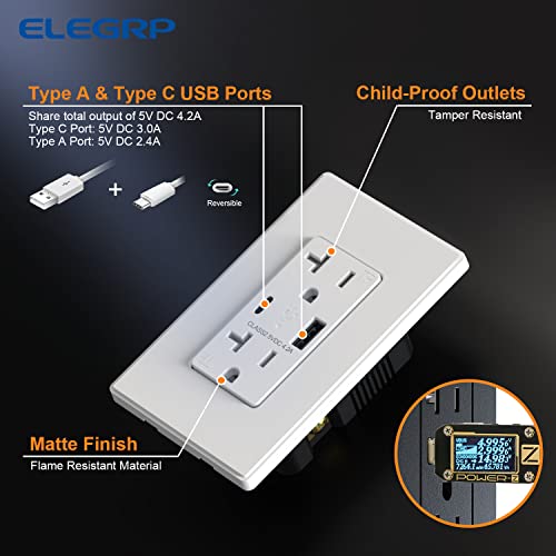 ELEGRP USB Charger Wall Outlet, USB Receptacle with Type A & Type C USB Ports, 20 Amp Duplex Tamper Resistant Receptacle Plug, Wall Plate Included, UL Listed (6 Pack, Matte White)