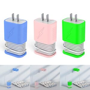 [3 pack] freeol silicone charger protector, travel cord organizer compatible with apple 20w/18w usb-c power adapter, data cable winder can glow in the dark – (pink + glow blue + glow green)