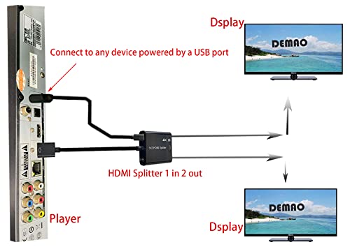 HDMI Splitter 1 in 2 Out, 4K HDMI Splitter for Dual Monitors Duplicate，Support1080P/4k30/60 /3D，PC,PS4,X-Box, Blu-Ray, DVD Player,HDTV,Etc