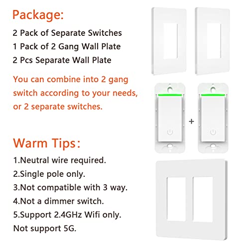 Smart Switch Smart Life Switch 2 Gang 2.4Ghz WiFi Smart Light Switch Compatible with Alexa and Google Assistant Touch Vibration Needs Neutral Wire