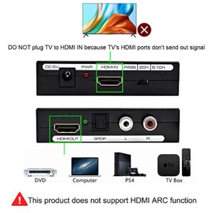 Musou 4K HDMI Audio Extractor,HDMI to HDMI + Optical Toslink(SPDIF) + RCA(L/R) Stereo Analog Outputs Video Audio Splitter Converter Support 4k 1080P,Black